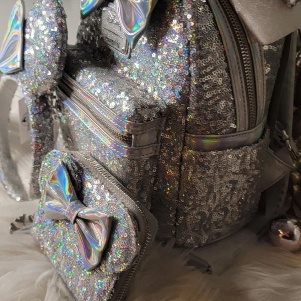 Set of 3!Silver Holographic Sequin Loungefly Backpack&Wallet&Ears